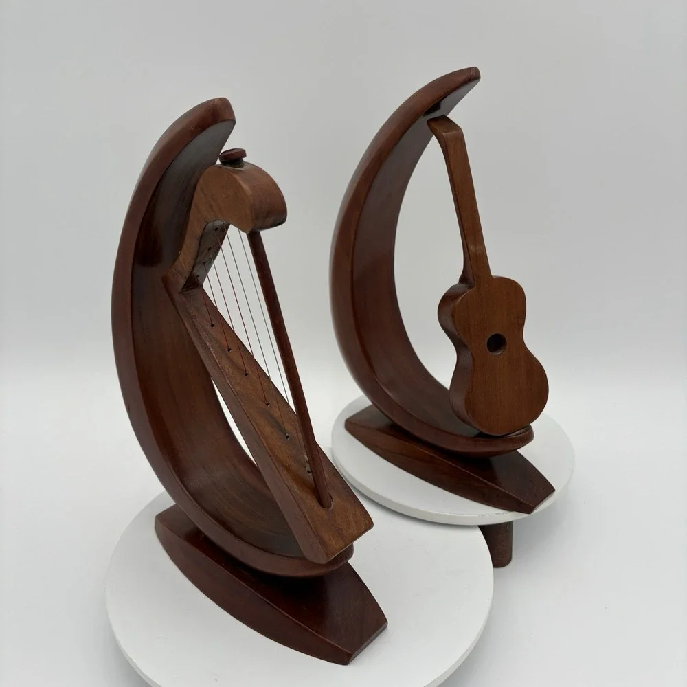 Carved Wooden MCM Musical Bookends Guitar & Harp‎ Vintage